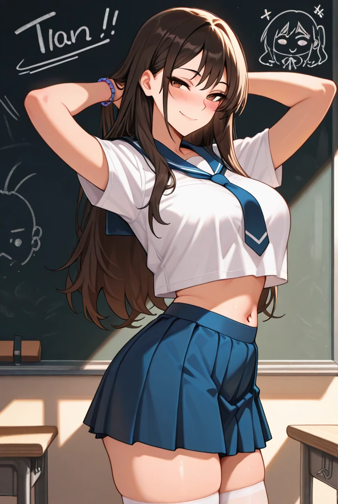 highest quality、High resolution、detailed background、beautiful and detailed face、beautiful and smooth skin、skin texture、professional lighting、
10代のcute美少女、(huge breasts:1.2)、perfectionなボディライン、perfection, Well-defined body、
(She looks happy as she lifts up her skirt and shows her panties..:1.5)、emphasize the chest、emphasize cleavage、
((sheer white sleeveless sailor shirt:1.5))、white sailor collar、Pleated mini skirt with tartan plaid pattern、knee high socks、over knee socks、pink and black floral embroidery bra、pink and black floral embroidery panties、cute編み込みポニーテール、
lift up the skirt、sexual expression、panty shot、cute、camel toe