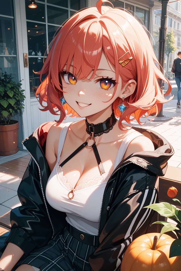 bestquality,1girl, tan skin, freckles, short red hair,left eye blue, right eye yellow, medium breasts,light smile,look at viewer, stylish punk outfit ,bf_holding_hands,pov,blush,street, 