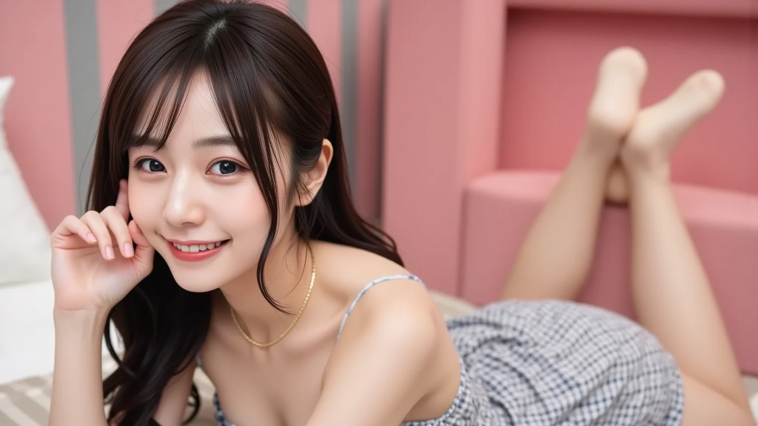 table top, highest quality, shape, Super detailed, finely, High resolution, 8k wallpaper, 完璧なダイナミックな構shape, beautiful and detailed eyes, Down jacket,bun hair,small breasts natural color lip, bold sexy pose,smile、20 year old girl、cute、sexy shot looking at camera,RAW photo