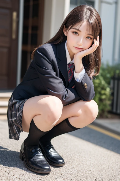 Dark blue high socks Magic Mix Real、(Raw photo:1.2)、(Photorealistic:1.4)、The beauty of beautiful details Delicate expression、Blonde、((Panties are visible:1.3))、(Squatting)、Earrings Nasty eyes、Large file size、Ultra-detailed、High resolution、Transcendental beauty Highest quality、masterpiece、(Japanese high school girls uniform))、Extremely detailed representation、In detail、Highly detailed facial cinematic lighting、17-year-old girl、Positive、((Dynamic Pose)))、(Sit with your knees bent))、Pleated skirt、blazer、shoes、Sexy Eyes、Beautiful thighs、I can see your crotch、