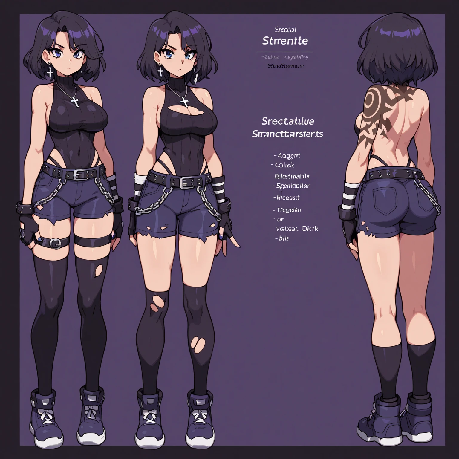 ((three sided view)), ((full bodyesbian)), (Simple background), ((multiple views)), ((High resolution)), ((concept art of character)), ((Character Design Sheet)), (Same role), (frontage), (Lateral face), (on back), (simple background), (white backgrounid:1.5), ((My Hero Academia Style)), ((((Amity Blight)))), ((The Owl House Character)), ((ultra detailed)), (((only 1 girl))), (((Pale skin:1.5))), ((1girl)), ((full body)), (((Dark cropped shirt that only reaches the navel))), ((Abdomen exposed)), ((Elf ears))), ((Sleepy and tired eyes)), ((Pants with chain on one side)), (((Purple hair))), (((Short hair with ponytail and very long bangs))), ((Dark purple eyeliner)), ((Light purple eyes)), ((Bracers with spikes)), (((Spiked collar on the neck))), (perfect eyes), (perfect hands), ((Perfect Anatomy)), ((((full body photo:1.5)))), ((big breasts)), ((thin waist)), ((wide hips)), ((attractive face)), ((black combat boots)),