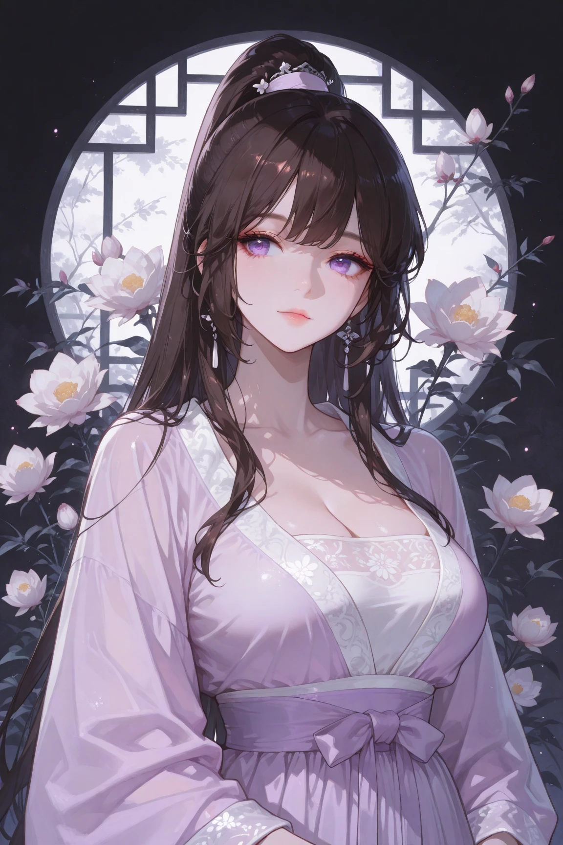 She has a very unique and charming appearance。。。。。。。。。。。。。。。。。。Her hair color is dark purple，Usually combed into two high ponytails，Each ponytail is tied with a bow，Increase cuteness。She will also have some natural curly ends，This adds a little unique touch to her look。The eyes are large，It is gold or pale pink，Very bright，Usually has a soft sheen。Her eye makeup usually makes her eyes look more alert，The eyeliner is delicate and natural，The choice of eyeshadow will also highlight her eye color and shape。Wear a traditional kimono，A pastel pink color is usually chosen、White or lilac kimono，Show her femininity and gentleness。Kimonos often have elaborate patterns and embroidery，Make her look more gorgeous and elegant。solo person，Bigboobs