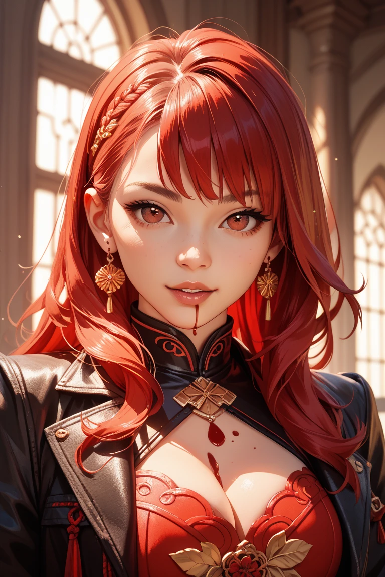((masterpiece))、(top-quality. Partial breast nudity)、(detailed, 27 years old)、(1girl) (red haired. Provocative and revealing devil cat suit outfit, partial exposed naked, she's standing seductively holding her huge breasts ) Extremely huge breast and buttocks.  The lens is very low to the ground looking up at her. Background is a highly detailed and highly aesthetic fancy romantic lit Mansion.glossy skin. 4k. Lens is very low to the ground looking up at her. Head to toe portrait. Bold and vivid colors.