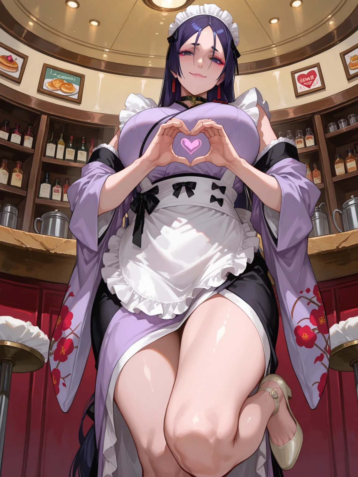 1girl, dress, (purple hair, purple eyes:1), long hair, mob cap, crescent hat ornament, ribbon, dress, smile, massive breasts, chubby