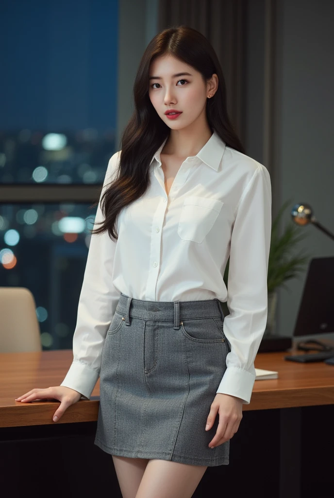 1 Girl,Leaning on the table,Soft Light,Chinese Beauty, Tights,Hip skirt,Dark-haired,Length of hair