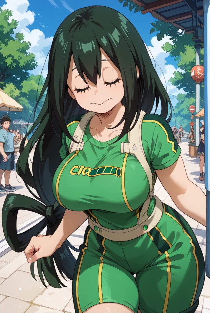 a beautiful anime girl with huge breasts, Tsuyu Asui from My Hero Academia, highly detailed, 3D render, masterpiece, photorealistic, hyper realistic, extremely detailed, cinematic lighting, vivid colors, soft lighting, realistic textures, delicate features, elegant expression, dynamic pose, beautiful background scenery