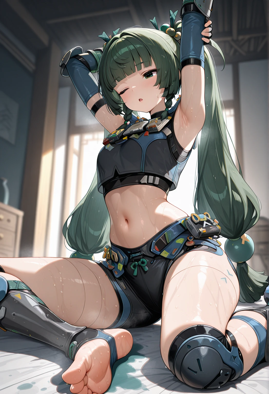 (8k, best quality, masterpiece: 1, 2), top quality, masterpiece, no inner inside, glasses, green hair, long hair, bangs, big ponytail, heterochromic pupil, blue pupil of left eye, red pupil of right eye, angel wings, head ring, white head flower, casual wear, black backpack strap, neck strap, bare foot, single body, ankle ring, leg ring, flat chest, tomboy, exposed, rubbed edge, leaky flesh, butt pouted