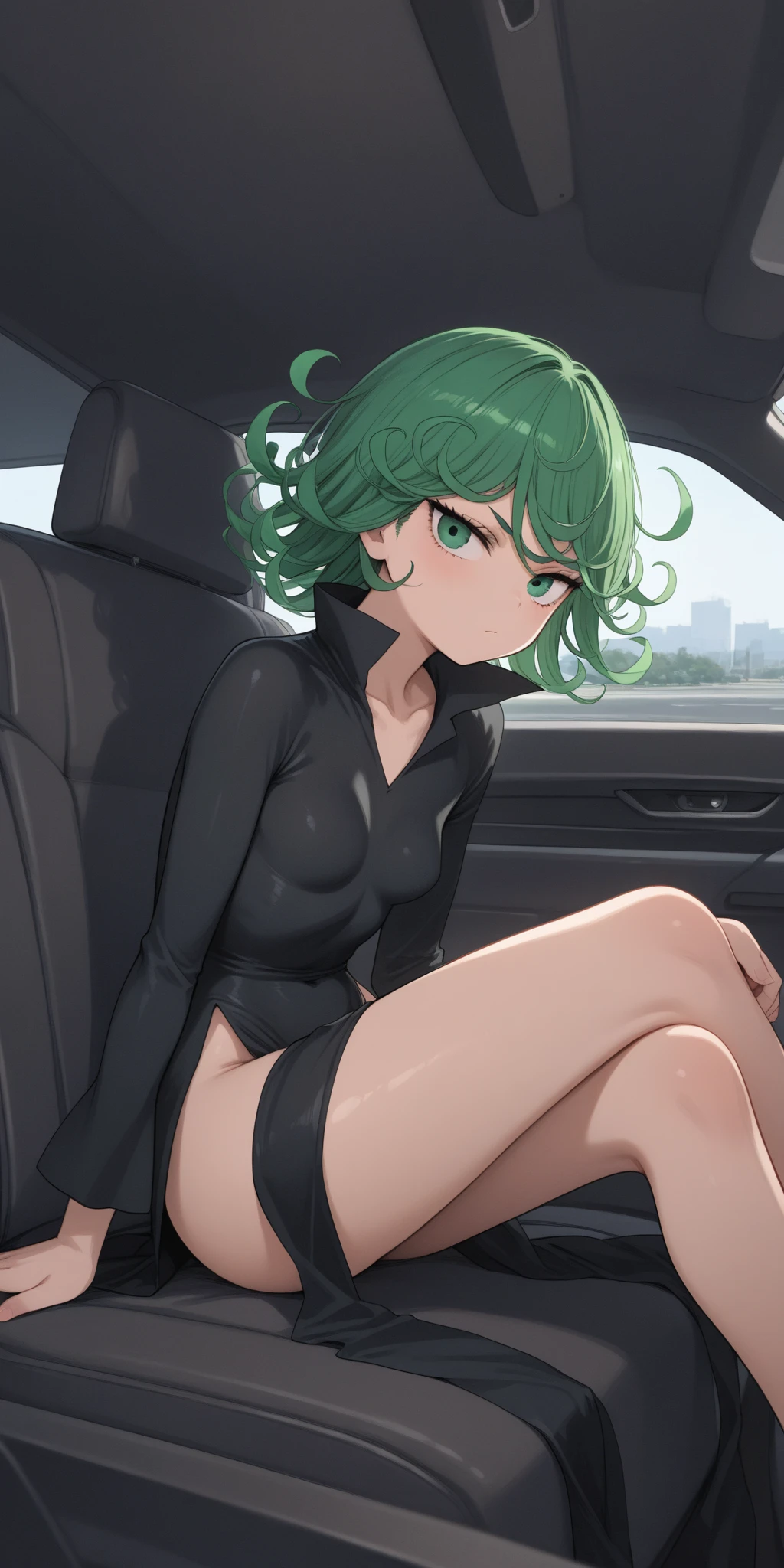 Anime art style, Fubuki from one punch man, green hair, white skin, wearing V-neck dress, sitting in car, sitting on back sit, cinematic lights, blushing cheeks, smilling, looking back at viewers, big breast,