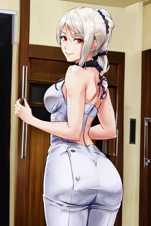 sadako, empapado, bata mojada, piel gris, pelo que cubre la cara, mostrando culo, vista trasera del culo, ass through dress, see through dress.