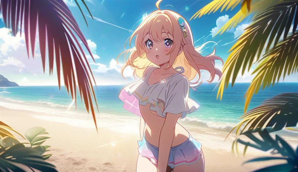 (anime artwork, anime style, studio anime, very detailed, up to date, vibrant, Anime Coloring, high contrast, masterpiece:1.2, best quality, best aesthetics),2 girl,hug from behind,bikini, Medium chest, A glimpse of thighs,random hair, One eye is hidden by the bangs, perfect proportions, high detail skin, Cute, detailed faces,beach, precise fingers,curvy,swim suits  crowd, dark skin,cocoa skin, swim suit tanned,