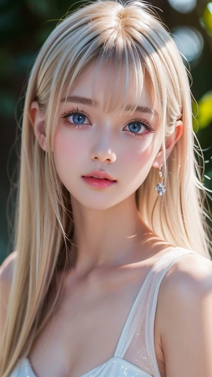 A -yeld beiful girl with shiny bright blonde hair.、cute,crazy about love, face focus , Ruffled Summer Dresses, Nordic bright blonde girl, Super long bright shiny blonde hair、low contrast, (shy smile:0.8), There is a cleavage in the chest, hair scrunchie, best quality, ultra high resolution, realistic photo, Super detailed, 8K, Raw photo, master piece、Very beautiful, bright, pale sky blue, and very large eyes.、very big eyes、White shiny skin、cheek gloss highlight、small face beautiful girl、eyeliner、blonde hair above the eyes、片blonde hair above the eyes、bangs between the eyes、