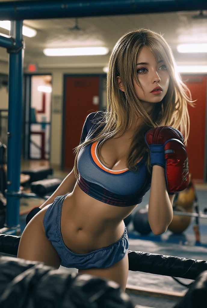 (8K, Raw photo, Best Quality, masutepiece:1.2), (Realistic, Photorealsitic:1.37),1 girl,Beautiful,Powerful, (Solo),A detailed face, Dramatic Angle,
,Weightlifting Uniform ,Look away,Sporty,Wet skin,Sweat,Large breasts,Trained abs,nice legs,Weightlifting venues  ,