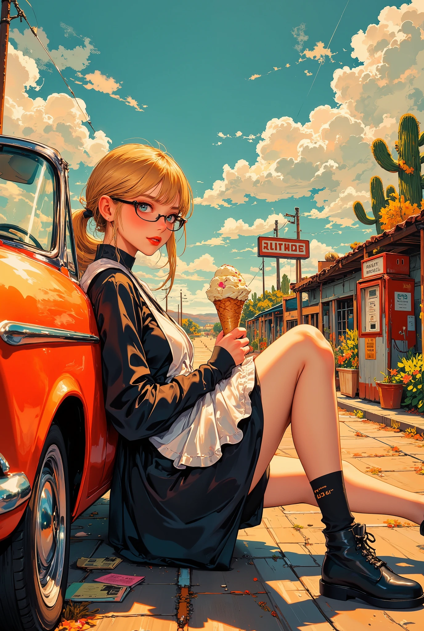Anime Art、Full body portrait、Shadowrun、Future SF delivery guy、A woman, about 170cm tall, around 38 years old, wearing a T-shirt, jacket and shorts, eating pizza while walking、Short, medium length, curly blonde hair、Laughing with mouth open、Blue Eyes、Wearing a cap cap、sports boots、Drones are being brought along、Sitting on the front of a pickup truck
