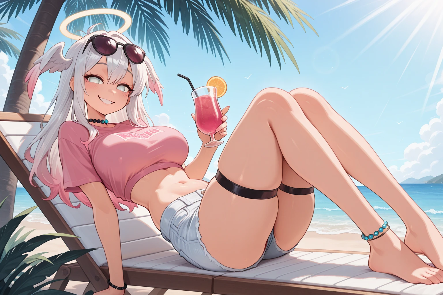  Capture Anime manhwa, beautiful woman, brown skin, white eyebrows, round and full lips, long wavy white hair, golden eyes, long eyelashes, small waist, wide hips, big breasts, big thighs, long and nice nails, on a sunny day on a beach, she is sitting in a comfortable chair under an umbrella with one leg crossed over the other, with a refreshing drink in her hands, she has a revealing and sexy red bikini, she wears sunglasses on her head