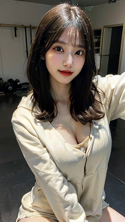 (Best quality, 8k, 32k, Masterpiece, UHD:1.2),Photo of Pretty Japanese woman, top quality, best quality, realistic, unity, 8k wallpaper, official art, extremely detailed CG unity 8k wallpaper,1girl, solo,,medium hair, (blunt bangs:1.2),looking at viewer,bangs, upper body, blurry, smile,(high detailed skin),realistic body,((stoop)),(huge breasts),cleavage,sit down,slouching, teenage, cute girl, famous japanese idol,hands off screen,<lora:猫耳服:0.5>,oversized_hoodie,Hood and cap,cat_ears_cap,((sitting on a bed)),bedroom
