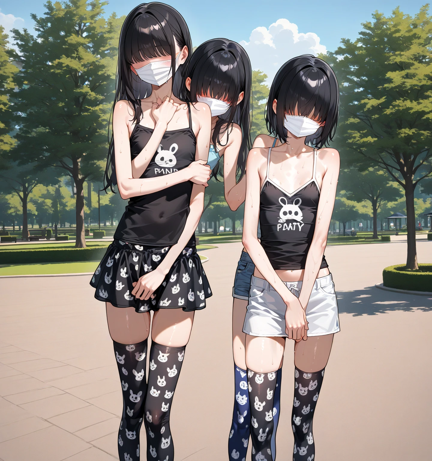Very detailed, highest quality, High resolution, Moe Anime, ((4 cute girls with black hair and droopy eyes)), Blue Eyes, Sparkle in the eyes, Big eyes, tareme, View your viewers, Pale skin, Focus on the face, at the park, ((The upper half of the body is covered in see-through underwear, and the lower half is naked.)), ((nsfw)), ((Very short hairstyle:1.5)), (Slightly below:1.2), ((Flat Chest:1.4)), (arms behind back:1.4)