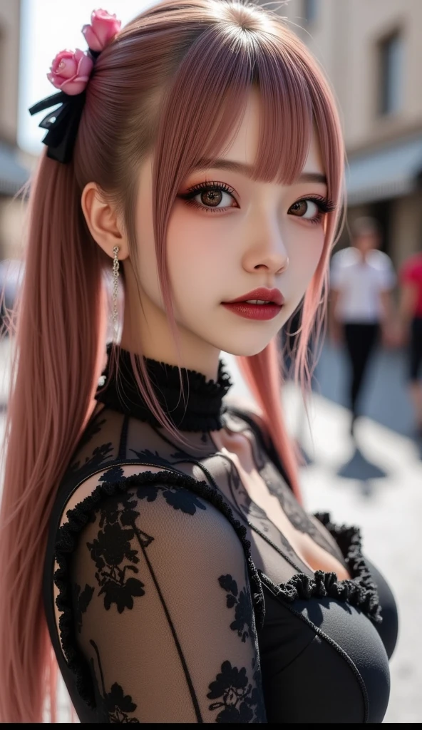 yae miko wearing stylish yellow sunglasses, background, Pink Hair, Purple Eyes