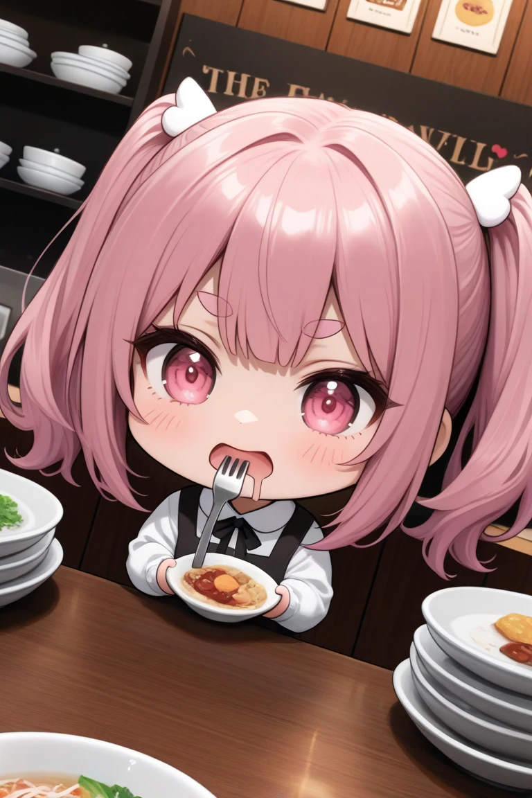 <lora:anya:1>,anya,A cute little girl with green eyes and pink hair, eating cake