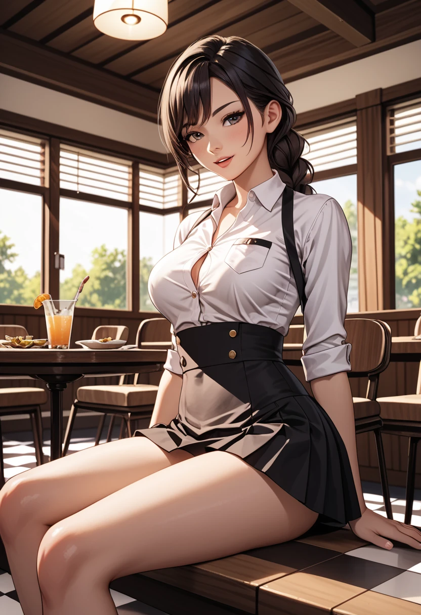 (A white short-sleeved dress with a round collar and small buttons in the front:1.6)、(night:1.4)、(White micro mini skirt:1.6)、(Black ribbon around neck)、(Dark brown leather belt)、((Long straight purple hair that reaches down to the waist))、(Big red eyes)、(Closed front button)、、restaurant、Small Nose、Big Mouth、round face、(Big Tits:1.4)、anime、highest quality、High resolution、Thin and transparent nipples、1 person、Sitting on a wooden chair、(Sit with your legs wide open)、(One button undone, revealing deep cleavage)、Moist eyes