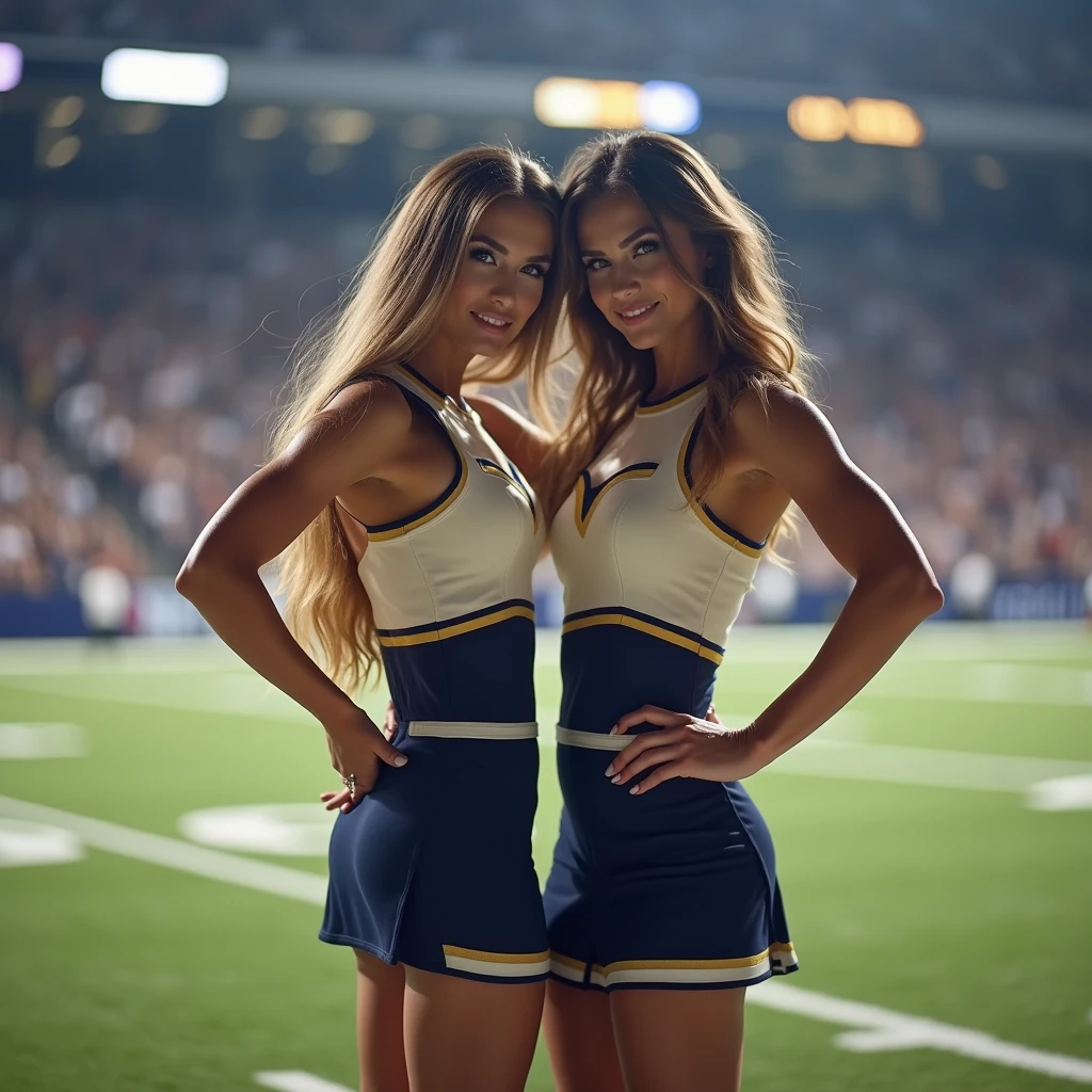 full body photograph of two young 10 years old cheerleader girls, large soft breasts, sweaty skin, fit athletic bodies, thin waists, wider hips, toned abs, toned arms, dressed in blue and white, loincloths, cleavage, brown hair with green eyes, long wavy hair, sensual style, alluring, happy smiles, parted lips, on an American football field