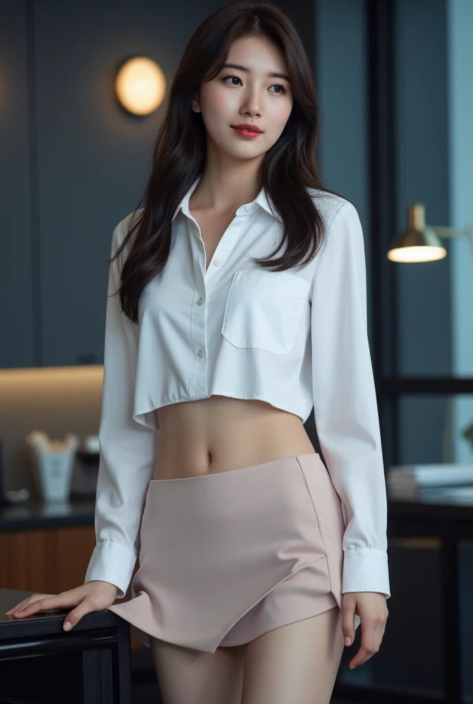 the most beautiful actress in the world, she is 18 years old, the perfect body proportions of this girl, tight blazer is firmly closed on formal shirt which is worn on her upper body, it's difficult for short skirt to cover panties between her bare legs because it is too short, her bare thighs, standing, window, clear sky, nsfw, best quality, highly detailed, masterpiece, ultra high res, photo realistic, 8k