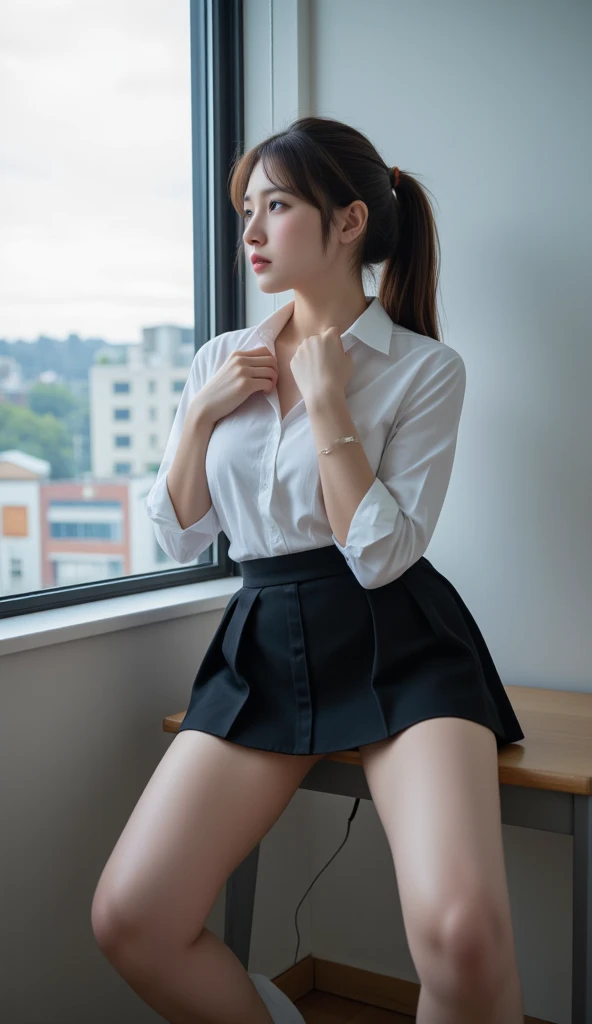 (8k, RAW photo, top quality, masterpiece: 1.2, realistic, photorealistic, high contrast, photon mapping, photon mapping, photorealistic, ultra-detailed, professional lighting, low angle: 1.2), (1 girl), (solo: 1.5), (full-body), (height is 170cm), (18-year-old schoolgirl), (Shinjuku at night in Japan), (sidewalk bench), ( Japan Private Girls' High School Uniform), (Sitting looking at the front), (M-shaped legs), (100 degrees open), (Crotch open: 1.2), (Light brown medium hair), (See-through wet white panties: 1.5), (Cameltoe), (Beautiful face: 1.2), (Perfect proportions: 1.2), (Long legs: 1.2), (Small: 1.3), (Panties visible from under the skirt: 1.2), (female pubic area is clearly visible: 1.4), (pubic hair: 1.4), (without panties: 1.2), (textured skin)