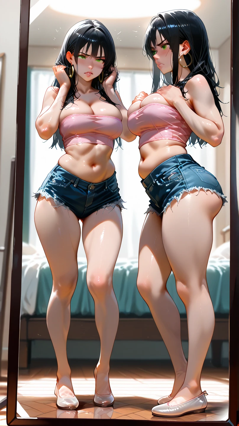A girl with a height of 153 cm and body measurements of 90 cm bust and 70 cm waist and 95 cm hips and another girl with a height of 153 cm and 85 cm bust and 65 cm waist and 90 cm hips 