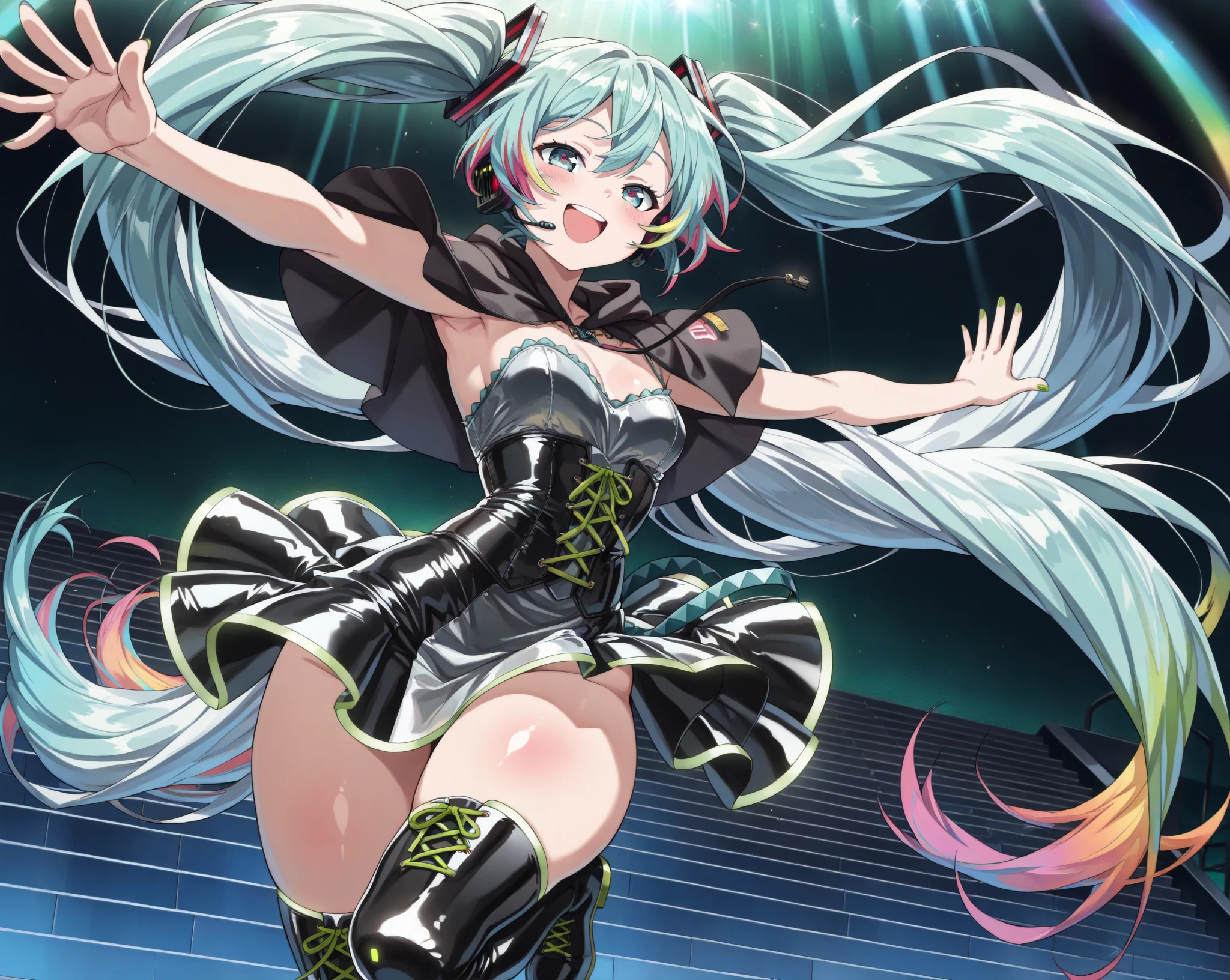 masterpiece, best quality, ultra-detailed, (perfect face, detailed face), 1girl, solo, volumetric lighting,(alice_(queen's_gate)),flat chest,red eyes,thighhighs,twintails,long hair,hair ornament,blue hair,huge ass,smile,(spread legs wide:1),(arms behind head:1), indoor,full body view,slim waist,oiled skin, shiny skin,ultra glossy skin, strip_club_venue, stripper pole in foreground, moody background, dark background, spotlights on ceiling, on stage, stage curtains in background,