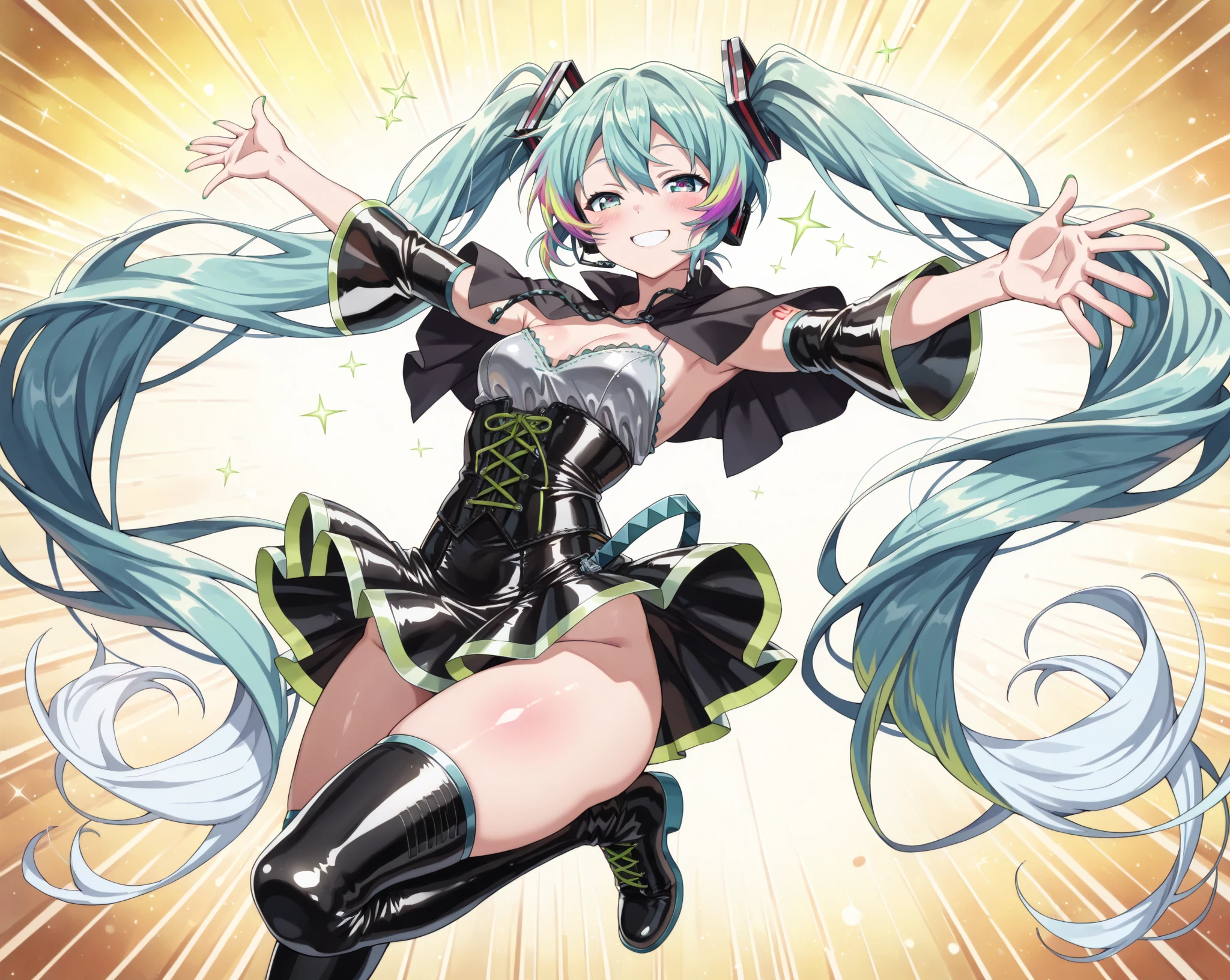 masterpiece, top-quality, 1girl in, 独奏, dynamicposes, cowboy shot, miku hatsune, verd s eyes, Green hair, Twin-tailed, 校服, Stooping, Arms behind, evil smile, Grinning, From above, look up to,
simple background、(Star Eye)