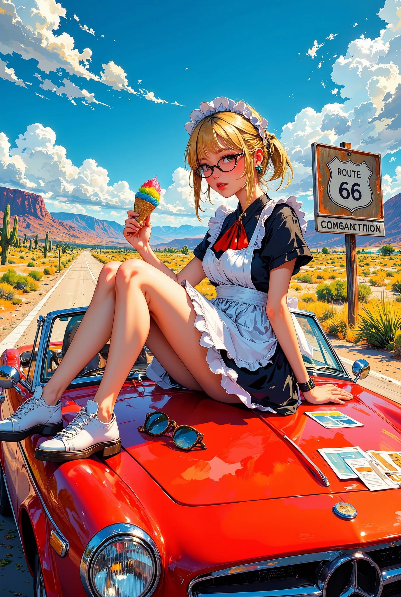 full body view, a blonde woman with glasses and a low ponytail, wearing a classic French maid outfit with frilled apron, casually sitting sideways on the hood of a red retro American convertible car, holding a melting rainbow-colored ice cream cone in one hand and playfully licking it, her other hand resting on a stack of travel postcards, vintage round sunglasses placed beside her on the hood, skirt fluttering gently in the summer breeze, her expression is cheerful and mischievous, a classic "Route 66" road sign behind her, the desert highway stretches into a shimmering heat haze, cacti and rusted gas pumps dotting the roadside, a cassette player radio playing in the open car, polaroid snapshots pinned to the windshield, a windblown parasol tied to the trunk, bright blue sky with drifting clouds, anime movie style, golden hour lighting, nostalgic and adventurous road trip vibe, cinematic composition, ultra detailed, best quality,illustration style