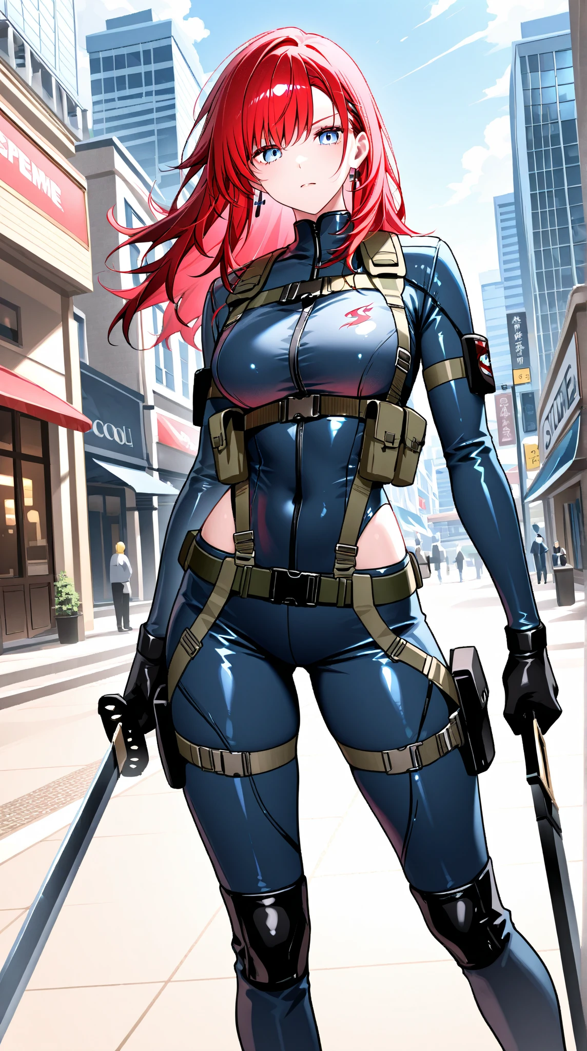 ((Jennifer Garner as Electra)), ((warrior tattoos covering entire body)), ((blue outfit)), ((very revealing outfit)),((red hair)), ((show lots of cleavage)), ((low cut outfit)), ((Marvel hero crossed with Tomb Raider)), ((holding a shield and sifi weapon)), ((skimpy outfit)), (Masterpiece, 4k resolution, ultra-realistic, very detailed), (City in destruction), [ ((25 years), (long red hair:1.2), full body, (green eyes:1.2), (show of strength), ((sandy urban environment):0.8)| (cityscape, at night, dynamic lights))] # Explanation: The Prompt mainly describes a 4K painting of ultra-high definition, very realistic, very detailed. It shows a superheroine. The theme in the painting is a white superhero theme, the female protagonist has long red hair, is 25 years old and her entire body is shown in the painting. cameltoe, camel toe.