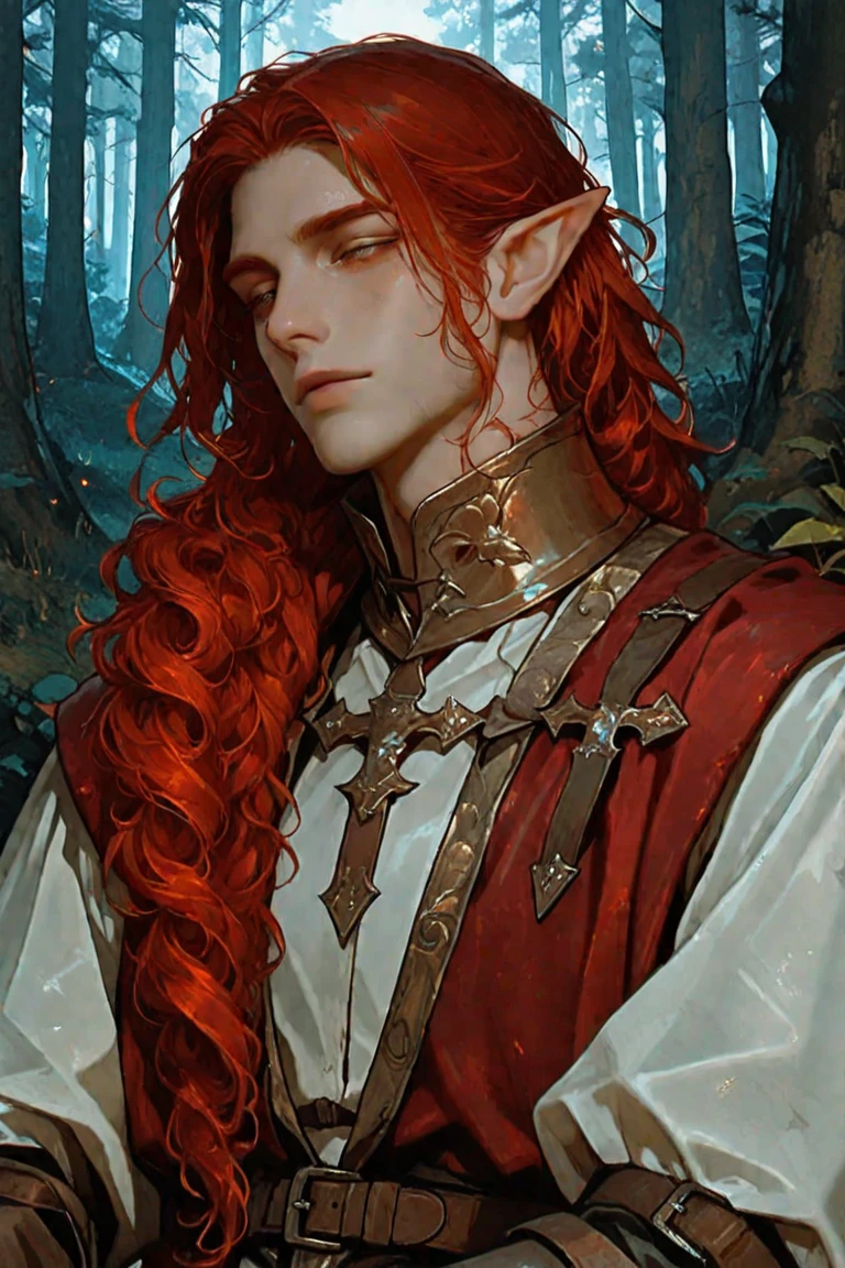 (highres:1.2), detailed portrayal of an elf with an intricate tattoo, wearing a lightweight white shirt and adorned with leaves and flowers, including the hair and tattoo on arms and hands. The elf has a dark short red beard and possesses magical abilities, portraying the likeness of a mage or wizard.