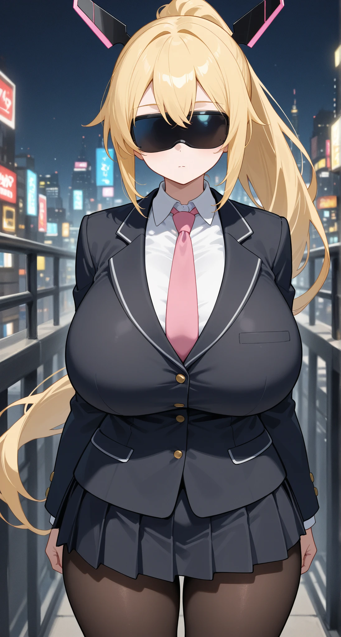 (masterpiece, highest quality, ultra high resolution),1 girl, Improve, dark brown skin, blue eyes, blonde hair, big breasts, thick thighs, Hime cut, Black Office Jacket, white shirt, black office skirt and black stockings, Beautiful and dense face, fine eyes, detailed nose, Cyberpunk city at night with fog and neon lights