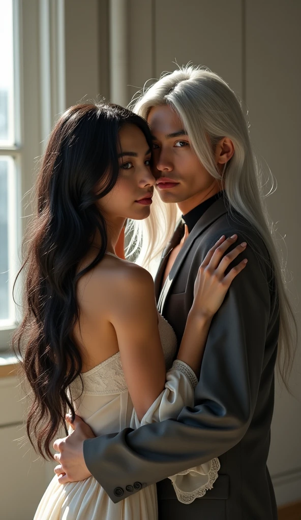 Um casal, duas pessoas, homem e mulher, is hugging, a mulher tem cabelo castanho longo, She is wearing a white dress and is hugging her man, man who is taller and is dressed in dark, black clothing, wear a silver cord, the man's hair is black Mullet