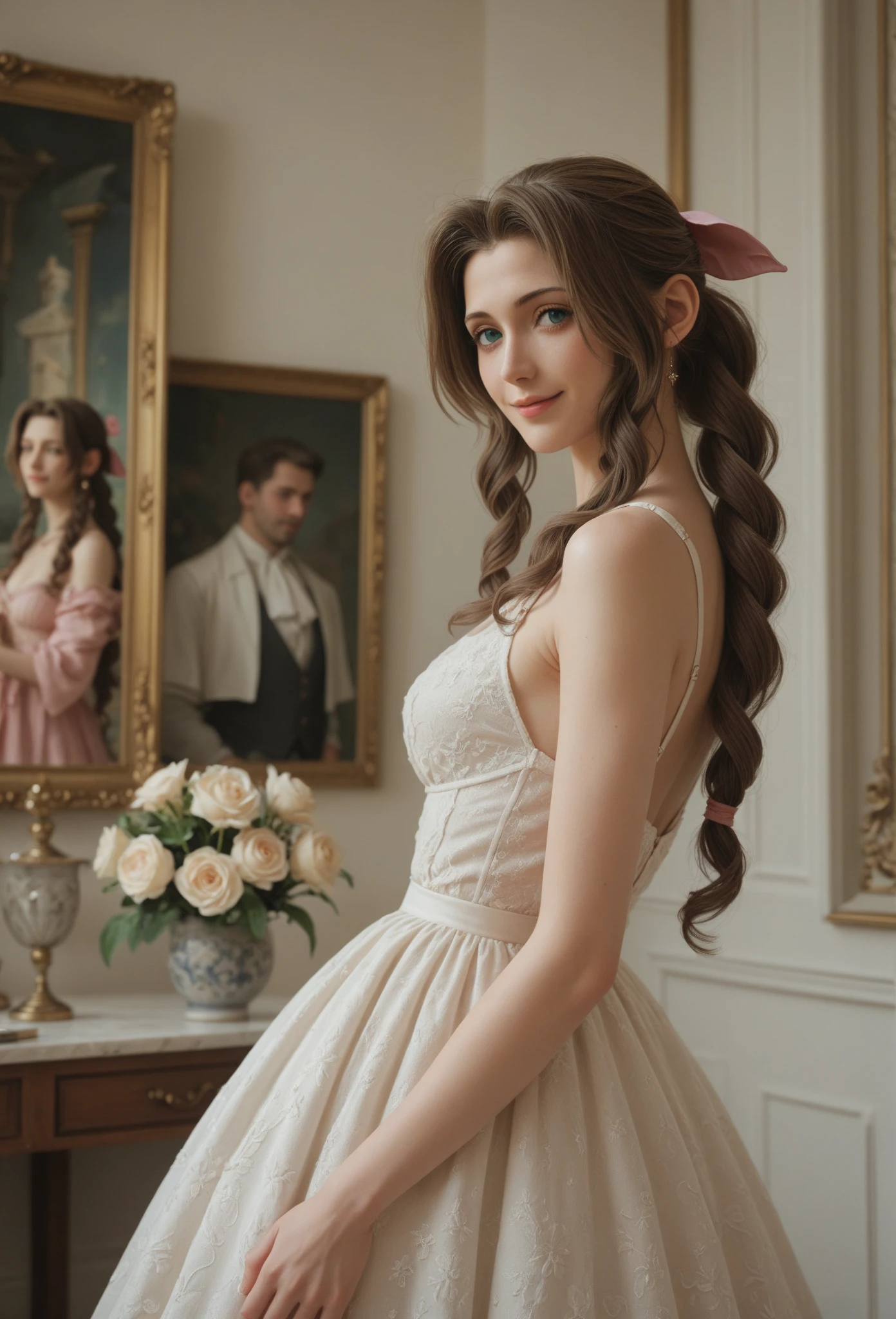 (Masterpiece, Superb, Super Detailed, High Resolution)), solo, beautiful girl RUSSIAN IN BRAIDS, bright eyes, perfect eyes,there are two women standing at a table with a cake, mary jane ansell, nick alm, by Emile Lahner, romantic era painting, inspired by Antonio Ciseri, art style of john collier, tuomas korpi bouguereau, art of emile eisman - semenowsky, inspired by Henryk Siemiradzki, victorian era painting, epic Masterpiece, ultra highest quality, ulra highest resolution, ulra high-definition, distinct_image, very elaborate CG, cinematic lighting, ray tracing, drop shadows, detailed detail, (photorealistic: 1.4), ultra high quality textures, fine-grained, realistic face expression): (lone girl, face is Japan, brown short hair, small size breasts, sparkling eyes, Eye level shot, happy smile, beauty, slim body, holiday,4k、futuristic image、real、concert hall、Many people、back view、Hologram Art、very detailed、wide angle lens、damp medieval town、3D hologram、projectolm、geometric、Vibrant and fantastic plants、big house、anime background、