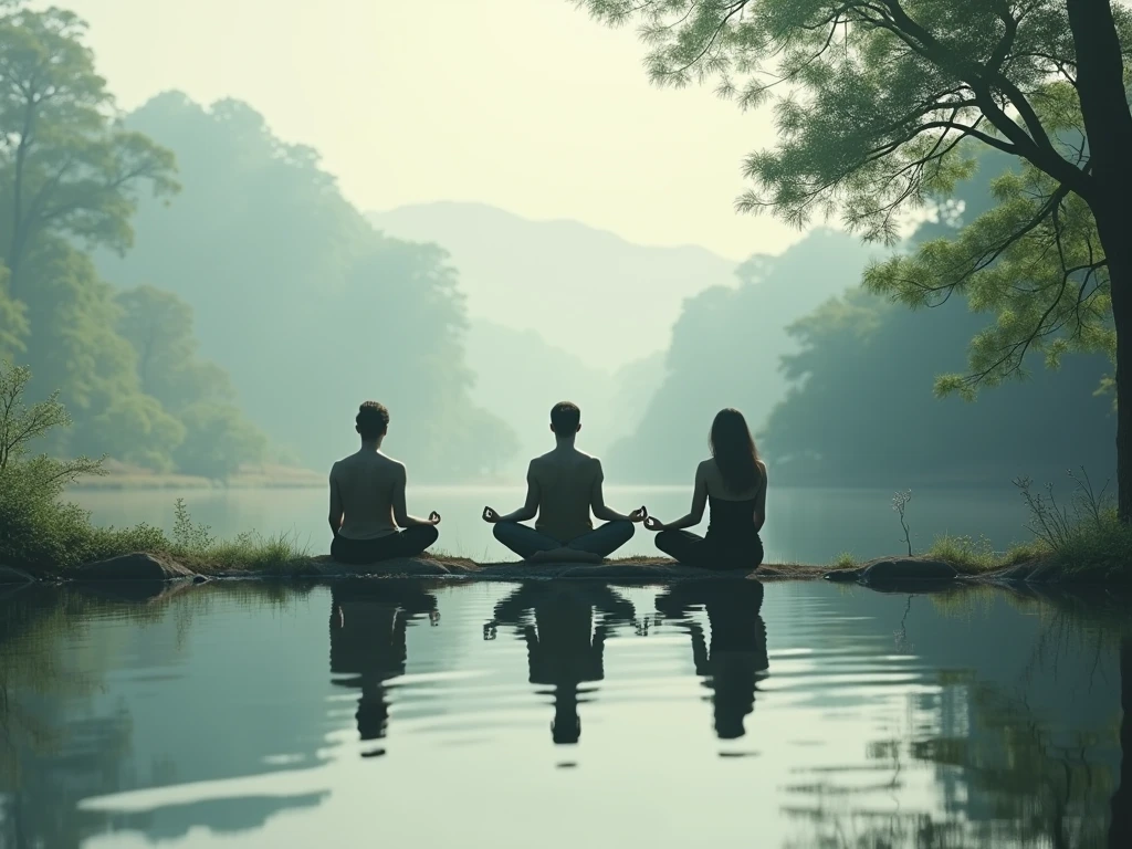 several people meditating, dressed, in a zen place