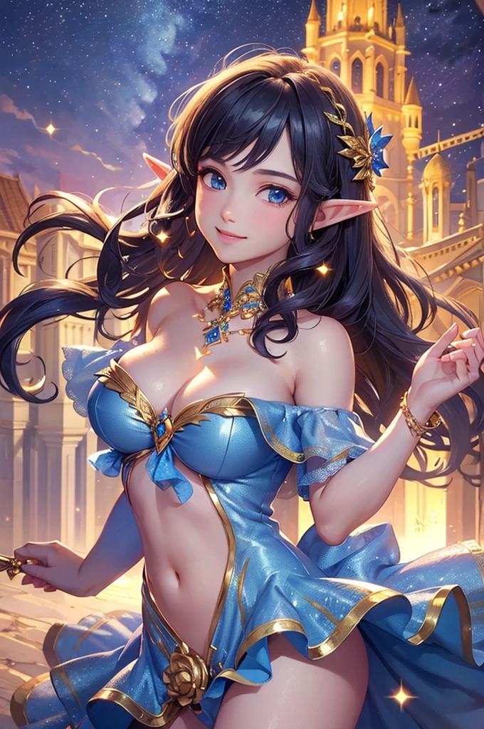 A breathtaking digital artwork presents a true masterpiece, featuring a stunningly beautiful brunette elf woman adorned in a flowing pink satin dress that gracefully accentuates her curves. Her waist is adorned with delicate chains, adding an enchanting touch to her appearance. The artwork takes place inside a magnificent marble palatial courtyard, where the elf woman stands in all her glory. The attention to detail is impeccable, showcasing the intricate patterns on her dress and the ethereal glow of her skin. The artist's inspiration draws from the renowned Makoto Shinkai, evident in the mesmerizing blend of colors and the emotional depth portrayed in the scene. This highly detailed piece of art captivates the viewer's imagination, inviting them into a world of beauty and wonder.