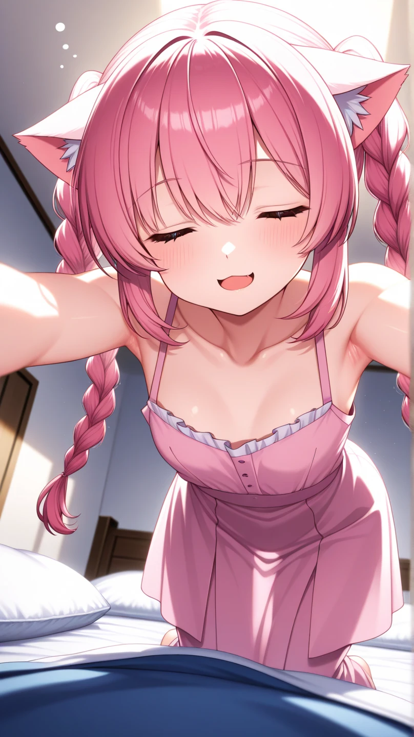 1girl, nsfw, (Expressive eyes), (Perfect Face), (((cute))), Drooping eyes, Close your eyes more than halfway, ((((Baby Face)))), (((((((female child))))))), (((flat chest))), ((())), White skin, gleaming skin, Yellow eyes, ((((Happy and excited)))), twin Braids, ((pink hair)), (faint lips), earring, (gal), (Naked), necklace, (spread legs), ((lying on bed)), (((Sweat))), (steam), (saliva trail), ((vaginal penis)), (((missionary))), (((intercourse with a man))), ((1 guy)), cum in pussy, detail perfect piece, ultra detailed, 16k, anatomically correct, ((Best quality))