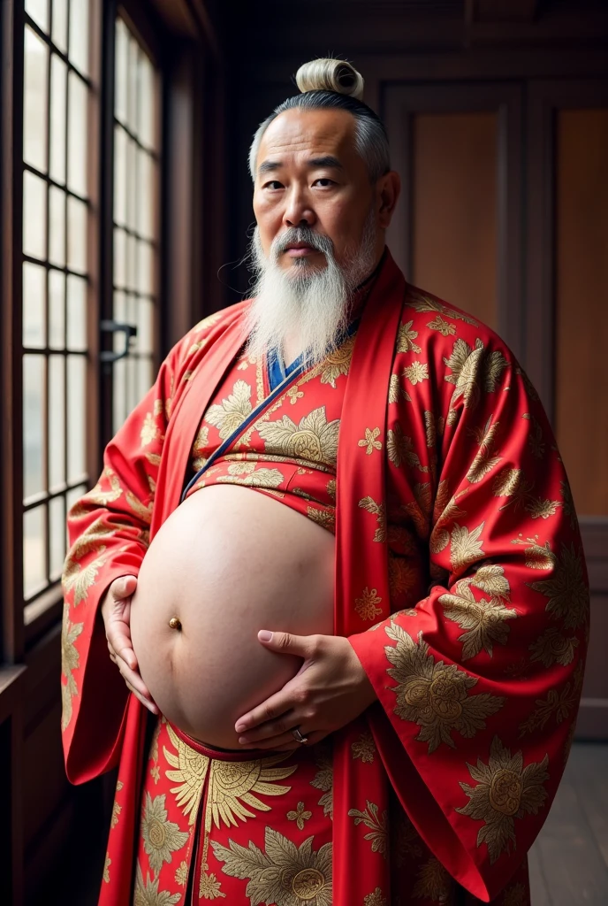Chinese emperor, crotch drenched in milky mucus, laying in bed