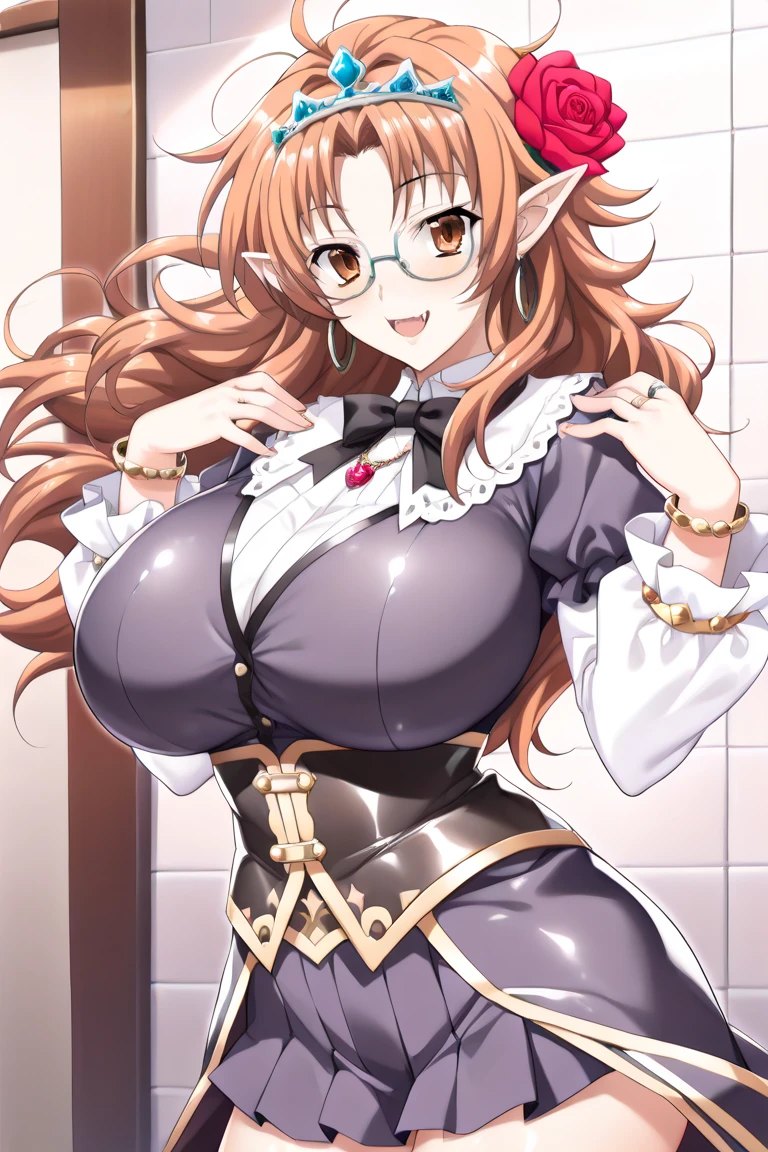score_9, score_8_up, score_7_up, source_anime, 1girl, brown hair, brown eyes, long hair, wavy hair, cat ears, large breasts, eyeglasses, micro bikini maid, headdress, blouse, skirt, apron, areola, sincere, light smile, private room, mansion,