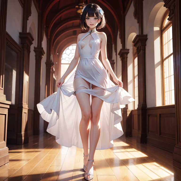 Great masterpiece, epic CG work, fashion model 25 years old [[[[full body]]], [[[[chest], [[neck], [shoulder]]]]], perfect eyes, perfect iris, perfect lips, perfect teeth, perfect skin, soft front light, glowing light, HDR, (pastel color: 1.2), standing on the runway in white transparent sexy bikini, full body size, light and shadow following, ceramic smooth skin