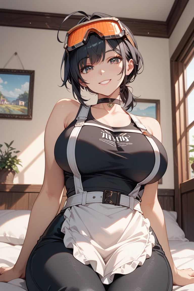 1girl, spiked hair, very short hair, yellow eyes, tan, tan skin, tan-skinned female, black hair, tomboy, pixie cut, large breasts, hourglass figure, thick thighs, smile, smirk, smug, toned, white shirt, jacket, sneakers, black jacket, shirt, short pants, shorts, standing, full body