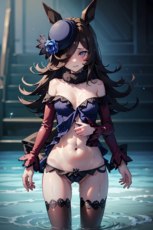 Long haired anime character posing in night club, RiceShower (Umamusume), Horse ears, Animal ears, Hair over one eye, breasts, Long hair, Purple eyes, Dress, Multiple girls, hat, flower, Horse Girl, Looking at Viewer, Hair Flower, Covered navel, Solo Focus,