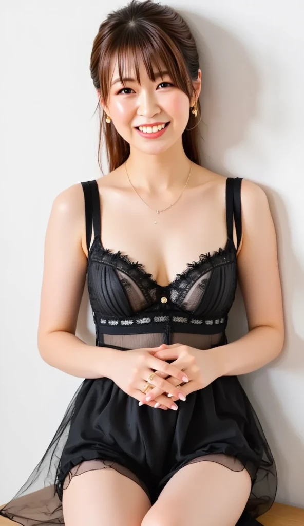 highest quality,masterpiece,Ultra-high resolution,(Realistic:1.4),Beautiful lighting, (Highly detailed CG Unity 8k wallpaper), Beautiful face in every detail,Detailed clothing, 50mm portrait photography, No background、One Girl,Big black eyes, cute, young, stop temporarily, Facial Lighting, Physically Based Rendering,Written boundary depth , Black Hair, short hair, ((Take from above)), Japanese women、20-year-old、Black lace shirt、(Big Breasts)、(Upper Body)、Young and beautiful woman taking a selfie, Taken with iPhone camera、In front of a white wall