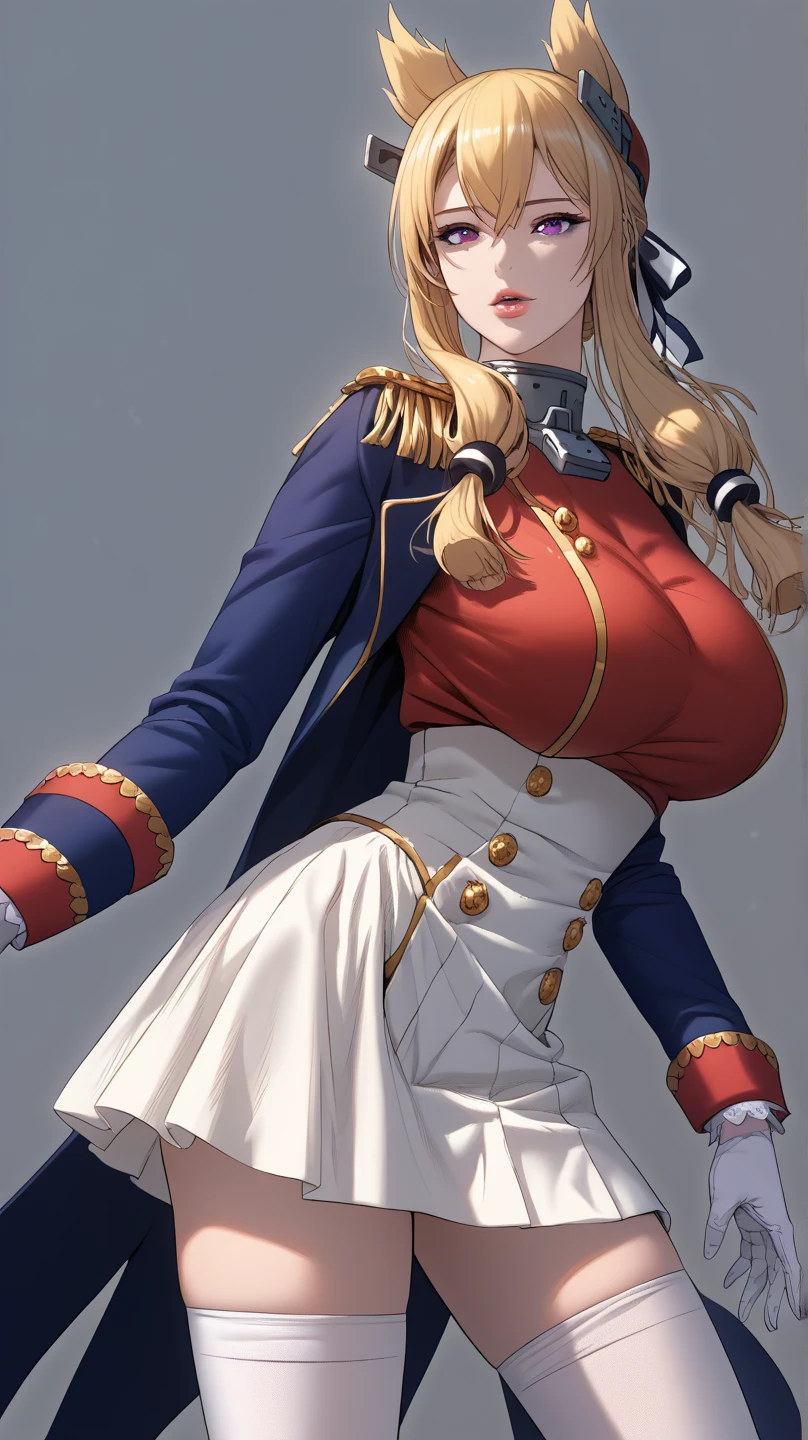 sfw, MiraKamiunten, streaked hair, earrings, military hat, white gloves, sarashi, huge breast, cleavage, purple jacket, red belt, spiked collar, epaulettes, fundoshi, (masterpiece, highest quality, best quality, official art, beautiful and aesthetic: 1.2), (1girl), extremely detailed, (fractal art: 1.3), colorful, highest detailed, perfect face, HDR, bright colors, huge breasts, detailed face, detailed eyes, perfect face, perfect eyes, (full body),