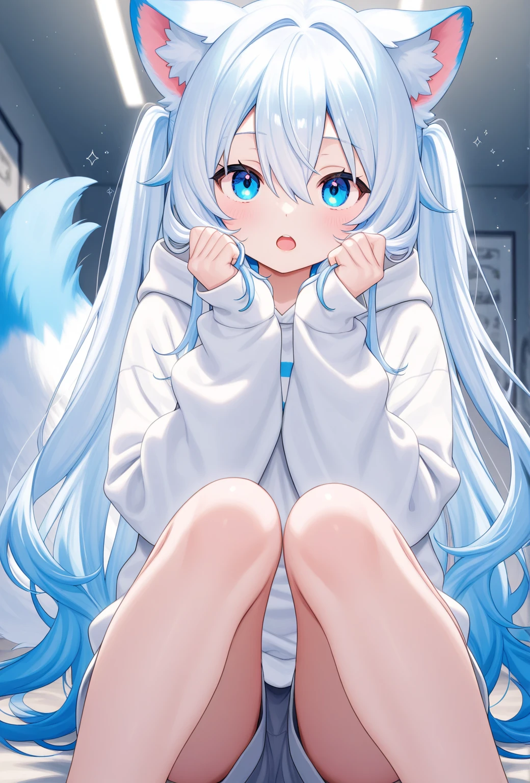 shota, long hair, space eye, glow eye, femboy, noen city, snowfall, midnight, fox ear, deep blue ear, fox tail, deep blue fox, deep blue jacket, cute, collar, Two tail, space katana, god , fur body, full body, the lower body is naked, snow fox, character, master piece, fluffy tail, current, shy, NFSW, Highest Quality, 8k, full HD, four ear fox, winter, oc, nude, soul fox blue