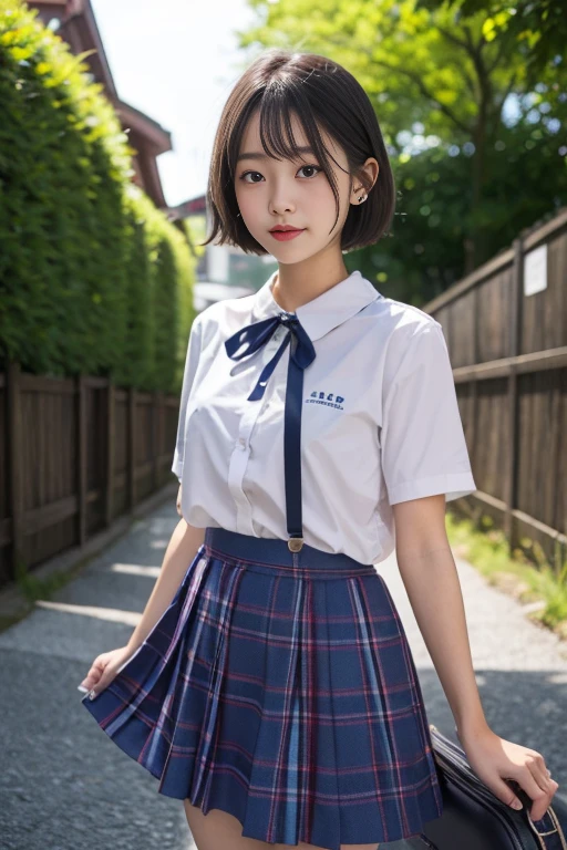 (((Japanese)))() ((((10-year-old girlack Hair Hair divided into two Short Hair Low ponytail Hair tied up whole body (((Dark tann))) Public elementary school uniforms blazer Checkered Skirt Visible through the gap(Panties) Descending the steps of a foot((drop bowknott)) Fine skin Pantiesストッキング Beautiful sky smile