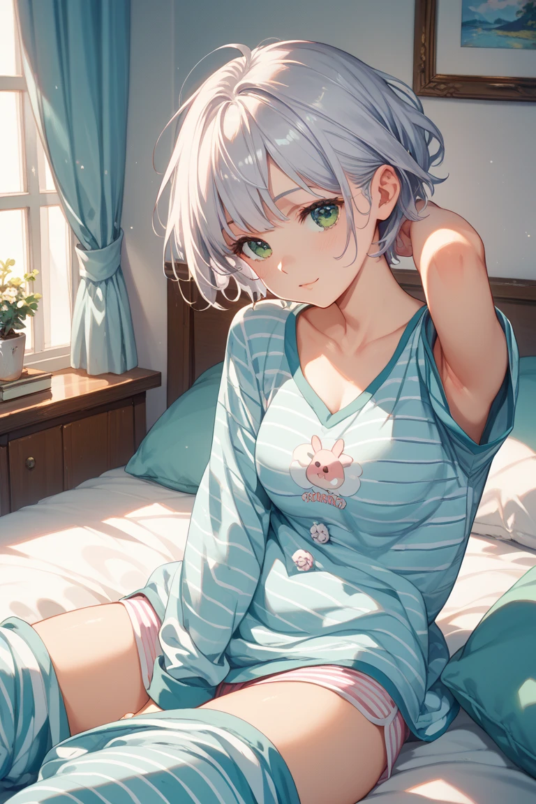 ((8k, best quality, master piece: 1.3)),super high resolution,(1 girl, solo), (colorshift eyes, hyperdetailed, expressive sparkling, glitter, glowing eyes), ultra detailed eyes, ultra-detailed face, random hair, ((silver gray color)),A pretty woman is chatting. The background is a bedroom on a Sunday morning, with fresh light streaming in through the window. She is lying in bed, resting her head on the pillow in a relaxed position. She is wearing casual pajamas, made of pastel green cotton and with a simple design. The shot is taken from the bust so that her expression can be seen clearly. The woman's face is lightly made up, and her lips have a natural beige matte texture. Her eyes have a gentle sparkle, her eyelashes are long, and her eyes have natural eyeshadow. Her hair is in a ponytail, and each strand of hair is drawn realistically. Her hair is medium brown and shines in the morning light. She is chatting with a friend on a video call, and she is smiling. She is holding a tablet in her hand, and is depicted having a pleasant conversation with her friend through the screen. A bedside table is drawn in the background, and a cup of tea and a small vase are placed on it. The texture of her skin, the softness of the fabric of her pajamas, and the way the light hits them are depicted in detail. The bright and fresh atmosphere of her bedroom complements her relaxed appearance.