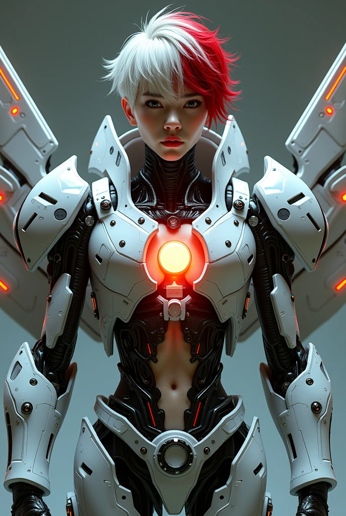 high quality, 4k, masterpiece, beautiful, cyborg girl, cowboy shot, looking at viewer, short red hair, girl, medium breasts, slim thighs, robotic arms, robotic body, cyborg body, intricate detail, joint, detailed lines, robotic detail, holding fist up, holding hand up as fist, color robotic parts, robotic parts with color, glowing eyes, glowing parts, perferc fingers, jacket, jacket over robot parts, short jacket, half jacket