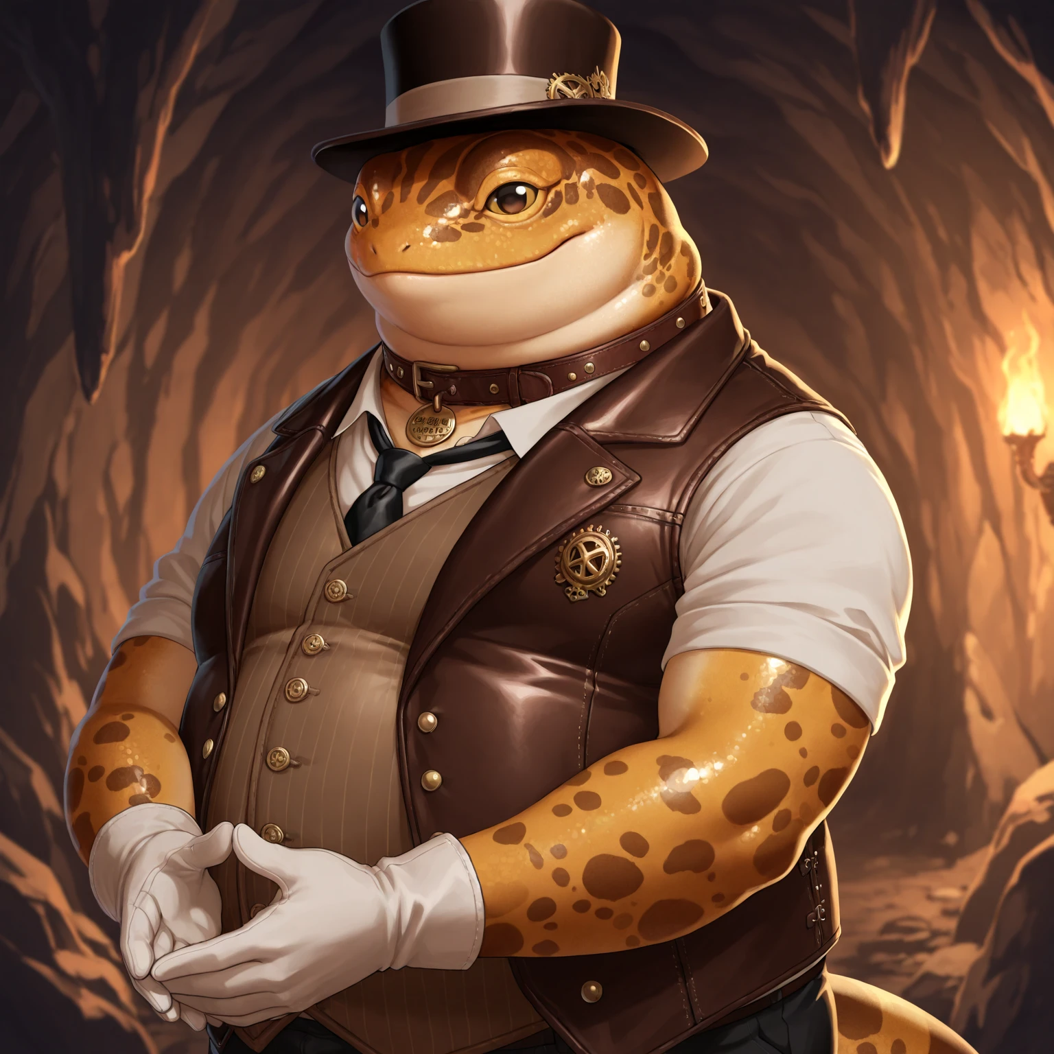 Solo, Male, fat, extremely obese, gentleman, dapper Professor Gecko, blue eyes, (posing:1.3), (soft shading), 4k, hi res, ((detailed face, detailed)), looking at viewer, mouth wide open, steampunk, collared shirt with buttons, top hat, male focus, Explorer Outfit, glasses, monocle, vest with buttons, sleeves rolled up, round eyewear, brown headwear, brown vest, Gecko is wearing a glossy leather dog collar around the neck, Gecko is wearing the leather collar and shirt and vest at the same time, Gecko is wearing glossy white rubber gloves on the hands, wearing white rubber gloves on the feet, gloves are rubber in texture, clenching teeth, clenching fists, leather collar is glossy and shiny with a lot of detail, Gecko is wearing gloves and leather collar at the same time, leather collar has a round dog-tag, leather collar is thick and detailed, leather collar is glossy and shiny, fancy clothing, dapper vest, dapper shirt, leather collar is thick.